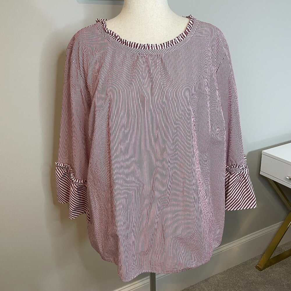 Talbots Red White Stripe Ruffle Neck Bell Sleeve Tunic 3X